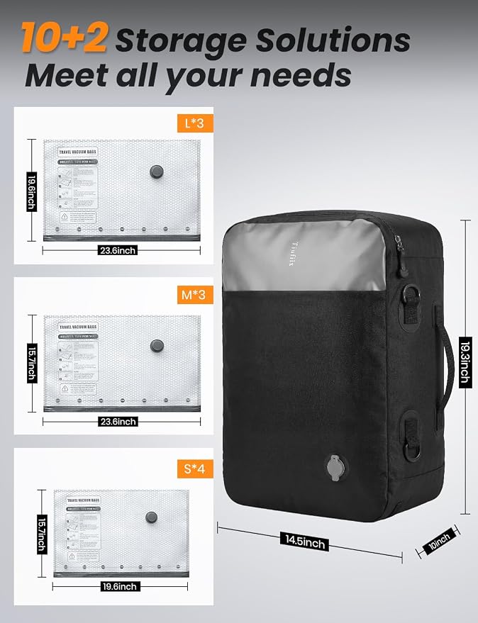 12 Travel Vacuum Bags with Pump for Travel Camping Sports Business TPU&PAPE Space Saver 2 Pack Storage with Portable Air Pump, Compression Packing for Clothes, Luggage, Suitcases - Black 48L