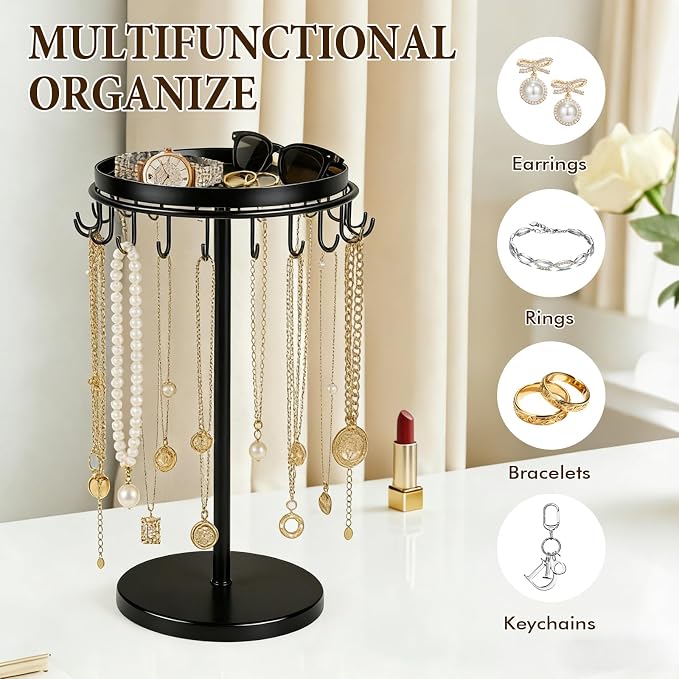 Necklace Holder Metal Jewelry Organizer Stand, Necklace Organizer Hanger with Tray & Hooks for Desk, Jewelry Holder for Necklaces Bracelets and Keychains, Elegant Home Hanging Decor - Black
