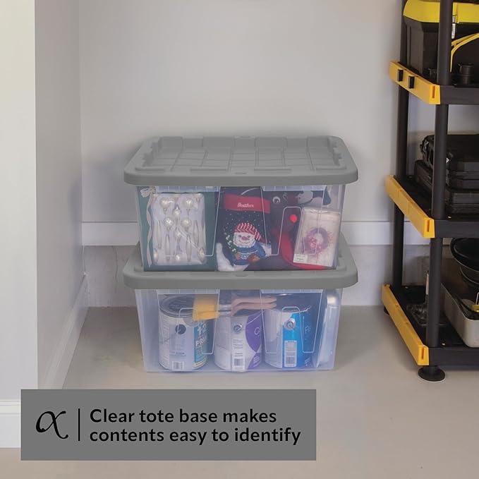 CX BLACK & YELLOW 27-Gallon Heavy Duty Clear Stackable Storage Bins with Lids, Dorm Room Essentials, Dorm Storage, Moving Boxes, Back to School, Classroom Organization, Home Organization, 2 Pack (14.3H x 20.6W x 30.6D)