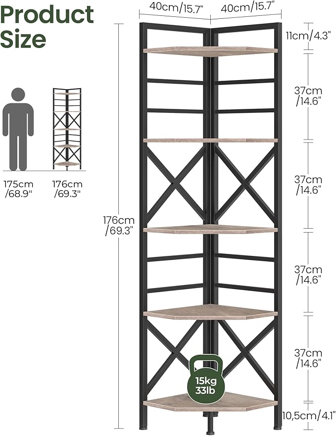 CHOEZON 69.3" Corner Shelf 5-Tier, Large Corner Shelving, Freestanding Storage Stand for Bedroom, Living Room, Kitchen, Industrial Engineered Wood Bookshelf Organizer, Greige and Black TCJ15BG