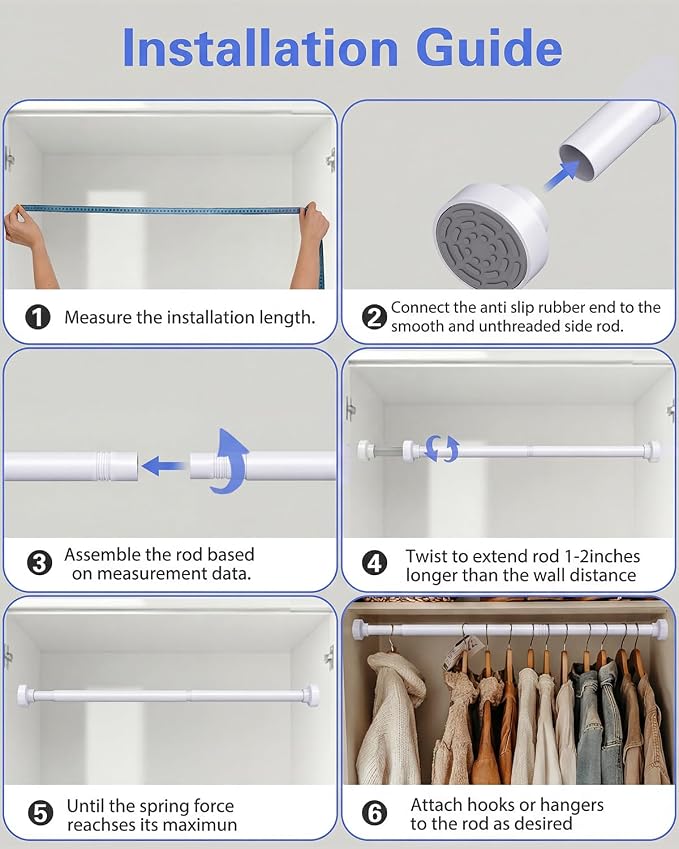 Supforce No Drilling Closet Rods for Hanging Clothes, Non Slip Tension Rod with Heavy Duty Clothes Hanging Rod, 17-69 Inches Adjustable Spring Closet Rod for Closet Wardrobe Bathroom Laundry RV, White