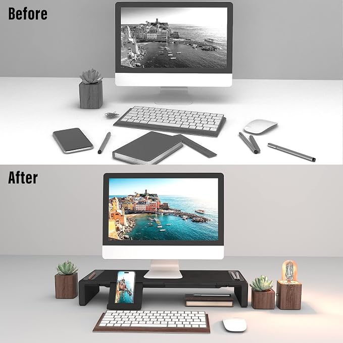 OImaster Adjustable Monitor Stand Riser with Drawer - Foldable Computer Stand for Desk, Desktop Organizer with Phone Holder & Pen Slot, Space Saving Laptop Riser for Home Office, Black