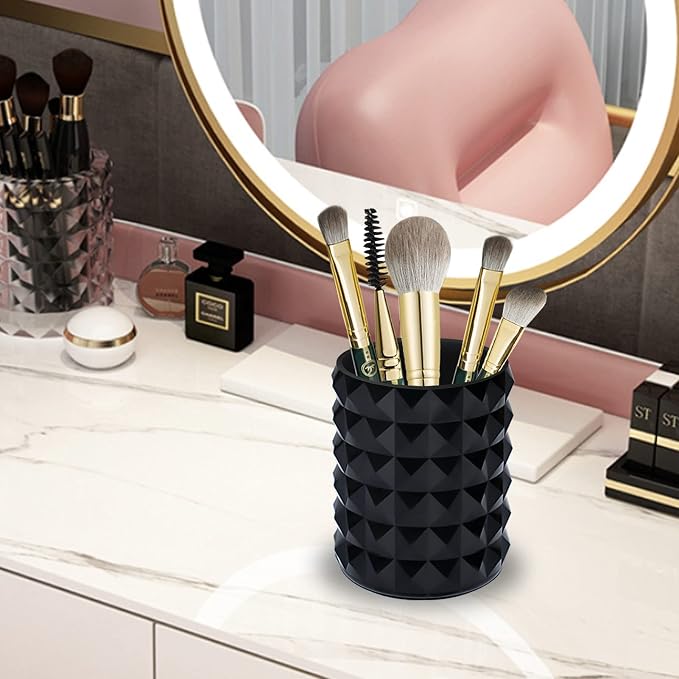 Acrylic Makeup Brush Holder, Brush Organizer, Vanity Accessories | Black Make Up Brush Holder Organizer, Round Cosmetic Storage Cup Pen Holder for Desk Vanity, Marker Organizer Office Supplies
