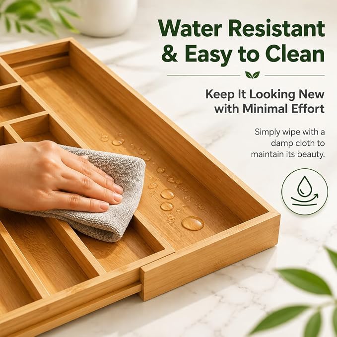 FUSHITON Expandable Bamboo Knife Storage Box, 9 Compartments, Adjustable Drawer Divider for Kitchen
