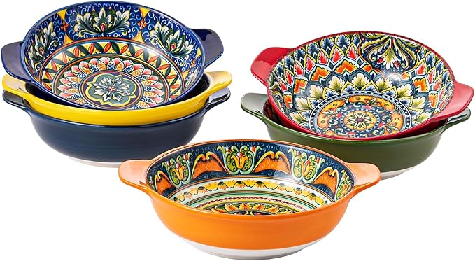 Henten Home Ceramic Soup Bowls Set，30 oz Ceramic Pasta Bowls Set of 6, Colorful Serving Bowl with Handle, for Salad, Cereal, Dinner, Bohemian Style, Microwave & Dishwasher Safe