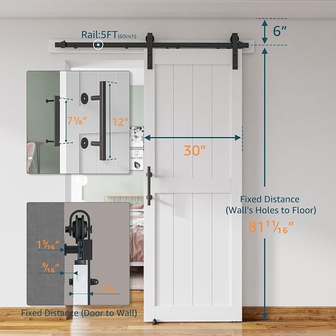 30''x 80'' Sliding Barn Door with 6.6 Ft Barn Door Hardware Kit | Pre-Drilled Holes Easy Assembly - Include Installation Manual, Water-Proof PVC Surface, H-Frame, White