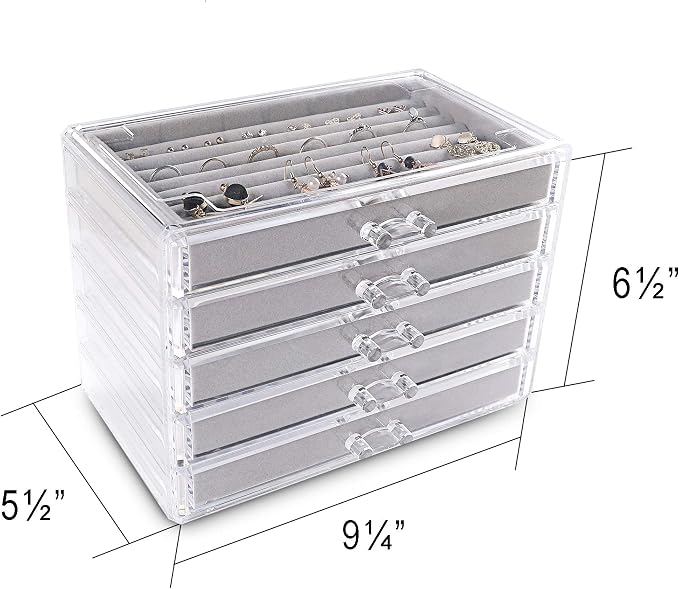 Frebeauty Extra Large Acrylic Jewelry Box for Women 5 Layers Clear Jewelry Organizer Velvet Earring Box with 5 Drawers Rings Display Case Necklaces Holder Tray for Women Girls (Grey) | Jewelry Storage for Rings Earrings Bracelets,Dustproof,Velvet Linin...