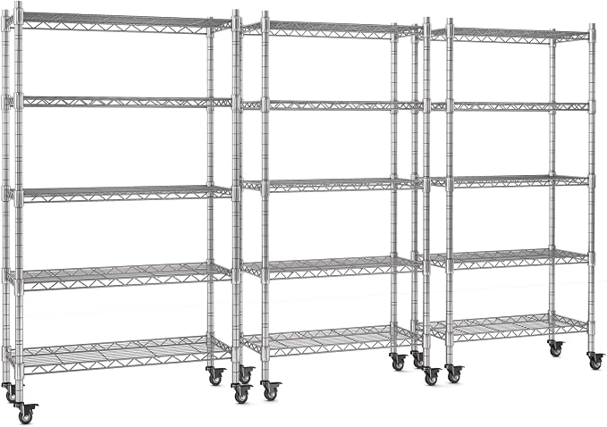 5 Tier Wire Shelving 3 Pack | 33”W Storage Shelves with Wheels | 1500 LBS Metal Shelving | Garage Shelving Units and Storage | Wire Rack Adjustable Layer Height | Electroplated Silver | 33”W×13”D×73”H