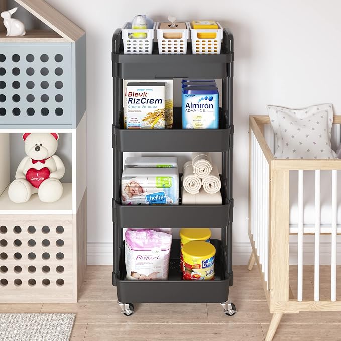 Calmootey 4-Tier Rolling Utility Cart with Drawer,Multifunctional Storage Organizer with Plastic Shelf & Metal Wheel,Storage Cart for Kitchen,Bathroom,Living Room,Office,Black | Space-Saving Organizer, Sturdy Plastic Shelves, Smooth-Rolling Metal Wheel...