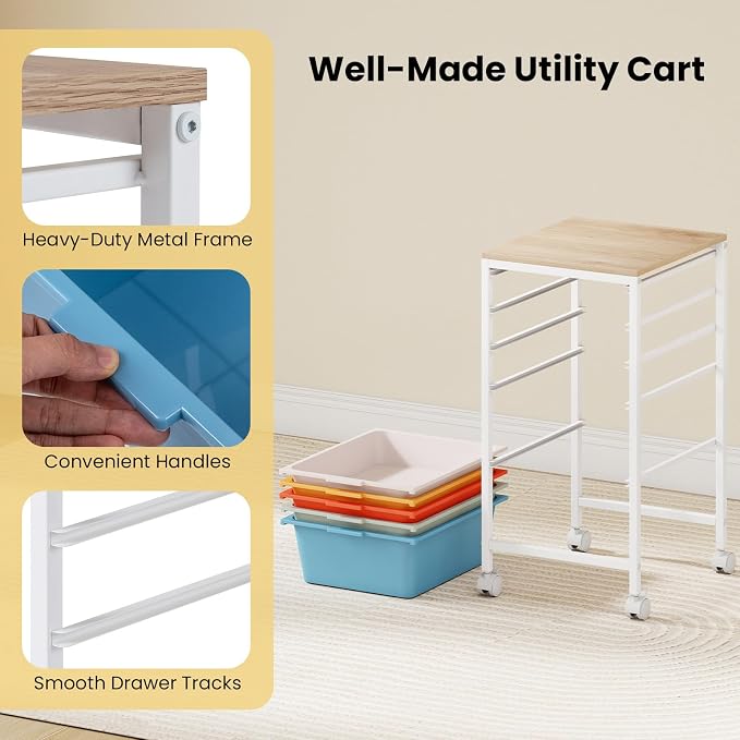 GOFLAME 5-Drawer Rolling Storage Cart, Craft Storage Cart with Wooden Tabletop and Lockable Wheels, Art Cart Supply Storage Organizer with Metal Frame for Home Office Classroom, Macaron Color