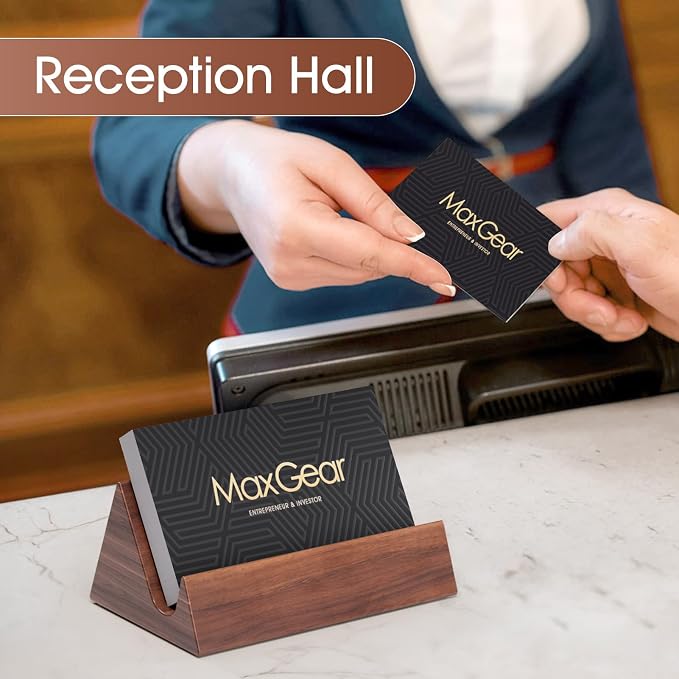 MaxGear Walnut Wood Business Card Holder | Wooden Desk Organizer for Storing & Displaying Business Cards, Elegant Mountain Design with Non-Slip Base for Office