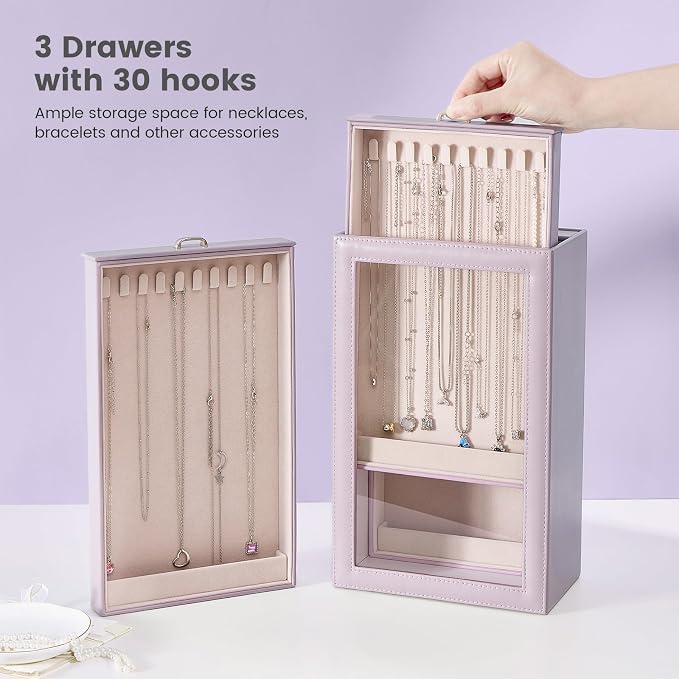 Lolalet Necklace Organizer Box, Jewelry Storage Box with Clear Window for Necklaces Bracelets, Tangle-Free Necklace Display Case for Women Girls, Dusty Purple, 3 Layers 30 Hooks