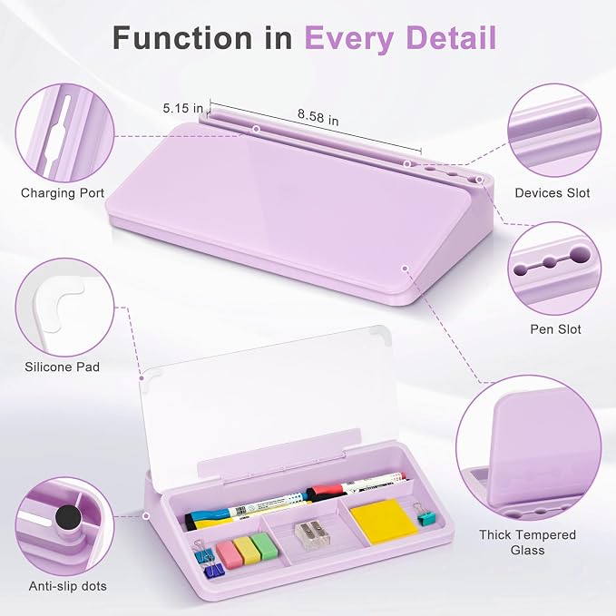 Small Desktop Glass Whiteboard with Storage, Desk White Board Stand Purple | Computer Keyboard Stand, Office Desk Organizers and Accessories with Drawer, To Do Memo Notepad, Home School Supplies