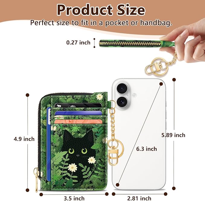 GIANCOMICS Slim Wallet Credit Card Holder Women, Black Cat Flower Rfid Blocking Small Card Case, Keychain Thin Pocket Curved Zipper Wallet, Travel Card Holder PU Leather ID Window, Ladies Female Gift