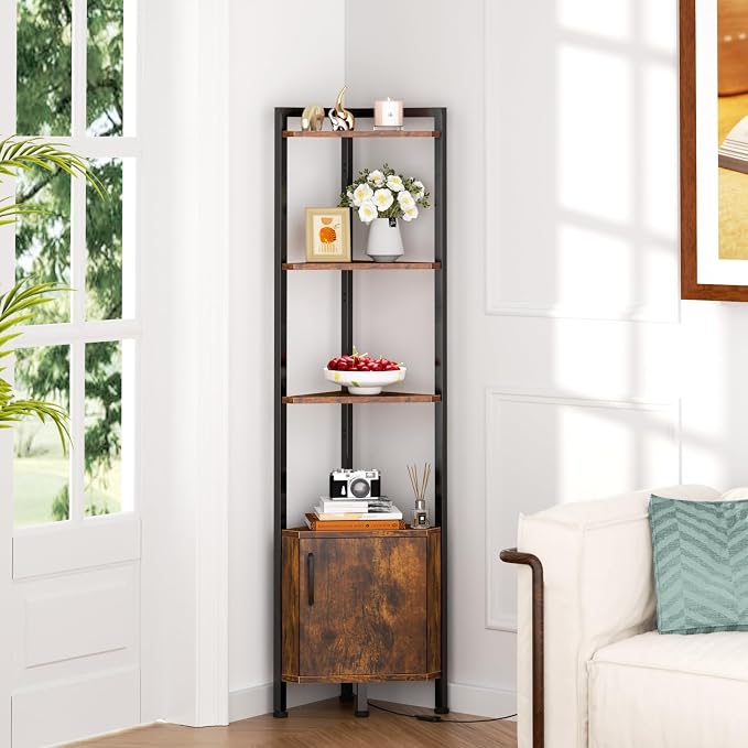Furnulem Corner Shelf Cabinet,Corner Bookshelf with Storage and LED Light | Wall Shelf Unit,62.8”Tall Wood Display Shelves for Bedroom,Living Room,Kitchen,Metal Frame,Easy to Assemble
