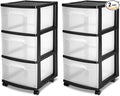 Sterilite 2 Pack Plastic Storage Organizer, 3 Drawer Rolling Bin Cart, Closet Organization, Black