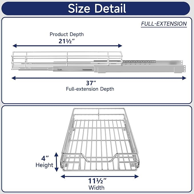 Pull Out Cabinet Organizer, 11.5" W x 21.5" D, Heavy Duty Chrome Slide Out Shelf for Narrow Base Cabinets, Sliding Wire Basket Drawer for Spices, Bottles, Snacks & Cleaning Supplies
