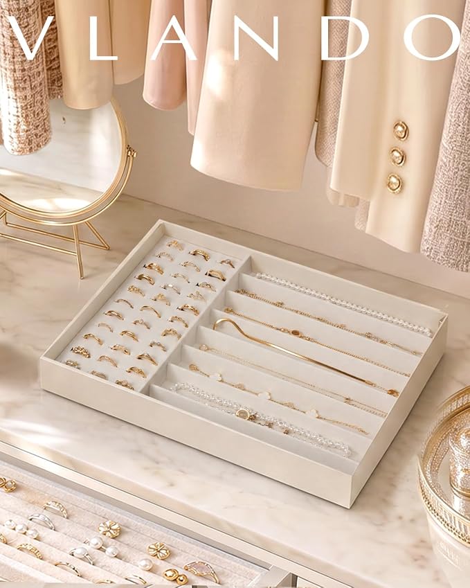 VLANDO Stackable Jewelry Tray, Drawer Organizer for Rings Necklaces,Beige | Ring Slots, Long Sections, Vanity Storage, Keeps Chains, Earrings, Pendants Tidy, Gift for Women Girl