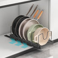 Black Pull Out Pot Lid Organizer, Cabinet Pan Rack, 8 Dividers | 2-pack black carbon steel rack, 16 adjustable dividers, quiet slide rails, adhesive or screw mount for lids, pans, bakeware
