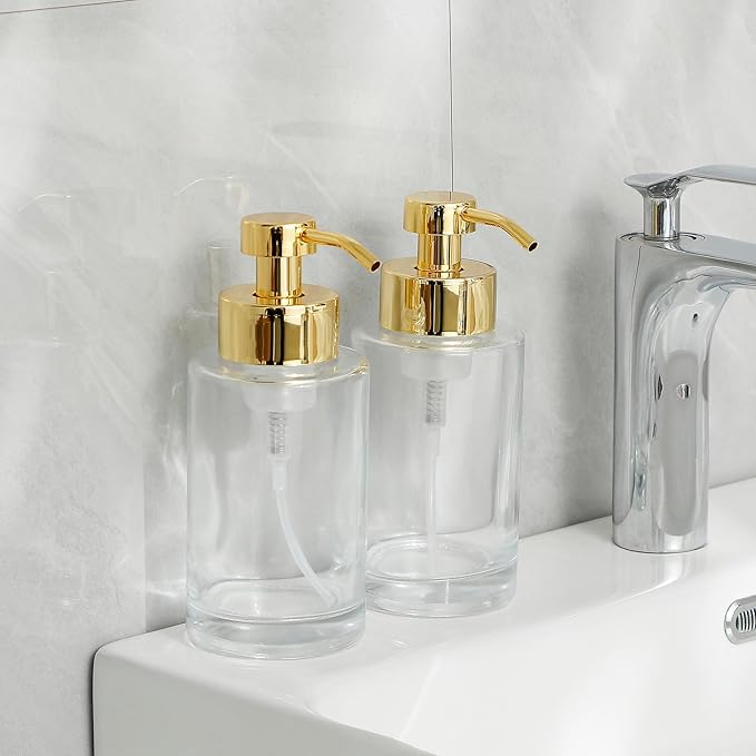 Glass Foaming Soap Dispenser Set with 304 Stainless Steel Pump 12oz 2 Pack | Rust Proof Gold Pump, Sturdy, Clear Empty Foam Bottle with Waterproof Labels for Bathroom Decor Kitchen Colleage Dorm