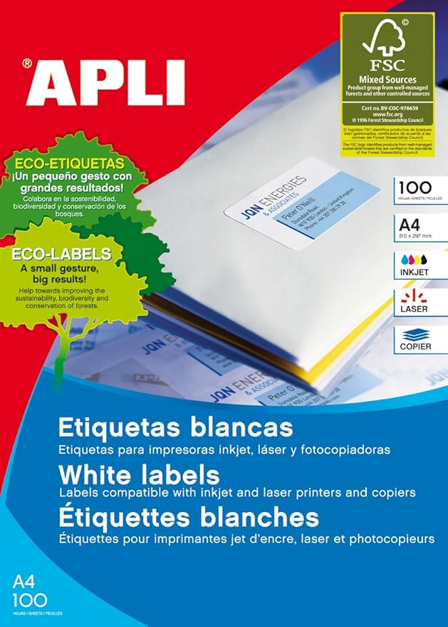 Apli 002035 - Box of 100 White Labels for Printer 52.5X21.2