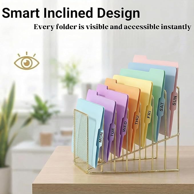 Simmer Stone 2 pcs Incline File Sorter, 7 Slot Magazine Holder for Letter, Document, Folder and Book, Metal Desktop Organizer Rack for Home, School and Office (2-gold)
