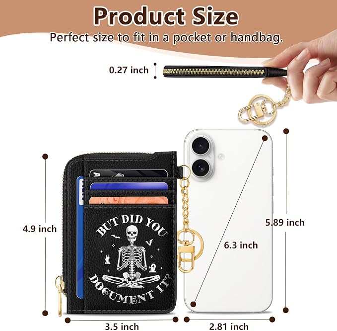 GIANCOMICS Slim Wallet Credit Card Holder Women, Funny Skeleton Skull Rfid Blocking Small Card Case, Keychain Thin Pocket Curved Zipper Wallet, Travel Card Holder PU Leather, Ladies Female Gifts