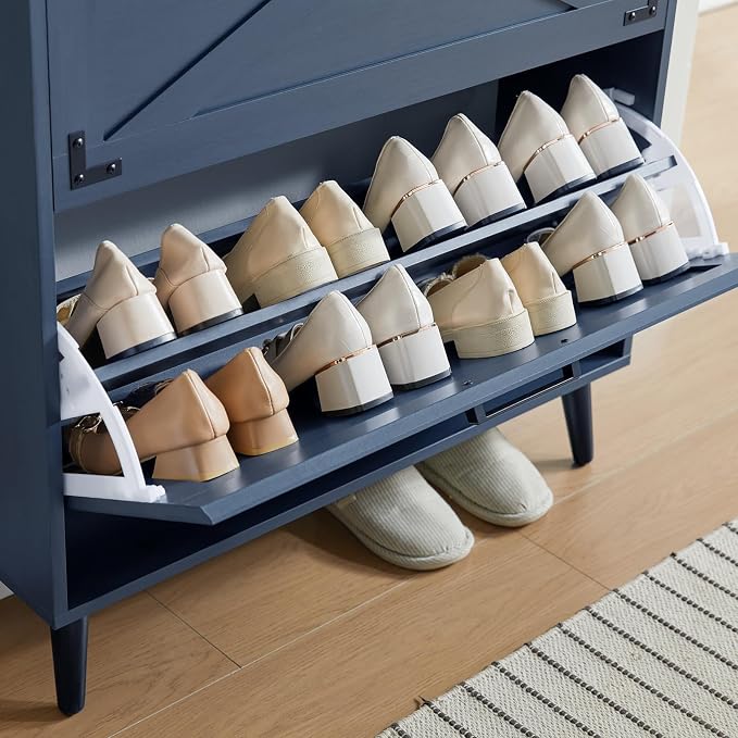 Barnyatoh Shoe Storage Cabinet,Farmhouse Shoe Organizer with 2 Flip Drawers & Barn Door Design,Freestanding Hidden Slim Narrow Shoe Rack Cabinet for Entryway,Foyer,Hallway,Navy Blue