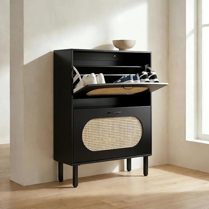 SUNCROWN Shoe Storage Cabinet with 2 Flip Drawers, Freestanding Narrow Shoe Rack Organizer for Entryway, Natural Semi-Circular Rattan Doors with Adjustable Shelves, Black