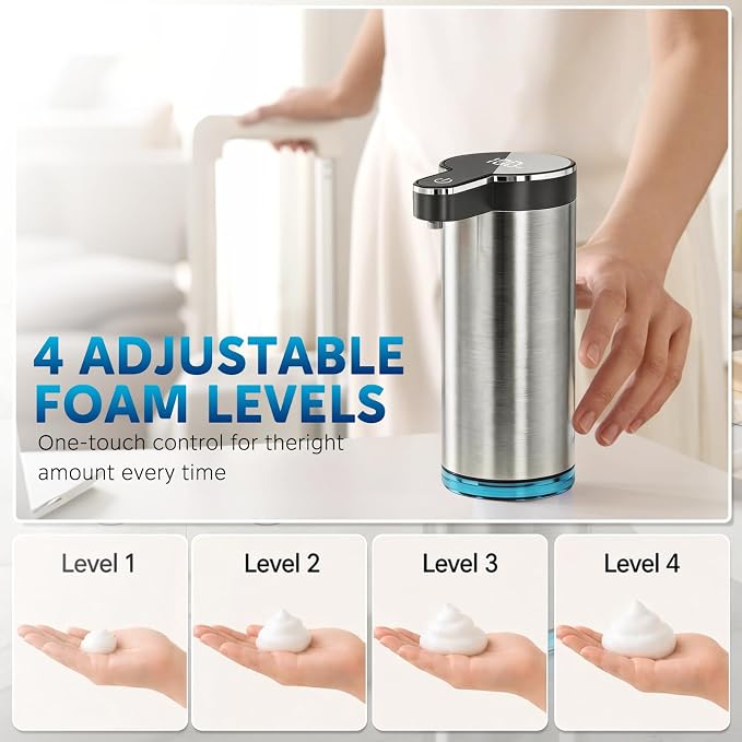 Automatic Foaming Soap Dispenser, Touchless Rechargeable Soap Dispenser for Kitchen & Bathroom, Stainless Steel, 4 Adjustable Foam Levels, USB-C, Waterproof, 12oz/350ml