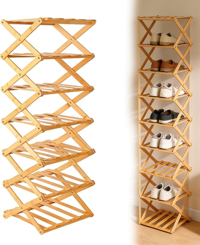 Foldable Shoe Rack, Tier No-Assembly Bamboo Rack, 2026 New Portable Bamboo Corner Shoe Rack, Multifunctional Narrow Shoe Shelf for Entryway, Closet, Corner, Bedroom (7 Layers)