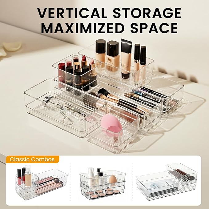 33 PCS Clear Plastic Drawer Organizer Set, 4 Sizes Acrylic Drawer Storage Trays Non Slip Storage Bins for Makeup, Jewelry, Gadgets for Kitchen, Bedroom, Bathroom, Office