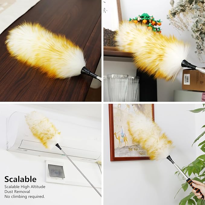 Lambswool Extendable Cleaning Duster 26-64 Inch Two-Pack, Anti-Static Wall Duster Cleaner with Sponge Grip and Stainless Steel Extension Pole for High Ceiling Fan, Interior, and Roof Dusting