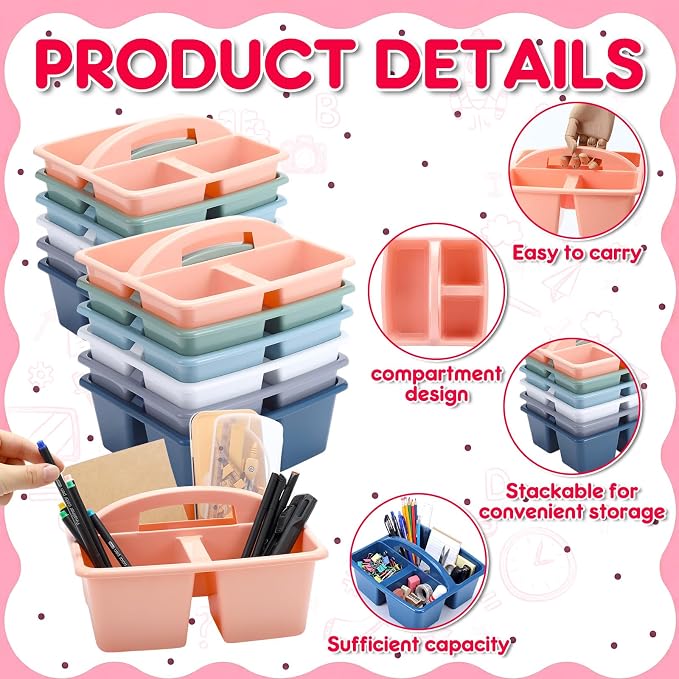Potchen 12 Pack Caddy Organizer with Handle, Plastic Desk Storage Caddy Organizer with 3 Compartments Portable Caddies Holder for Table Desk Pencil Crayon Workshop Home Office Supplies
