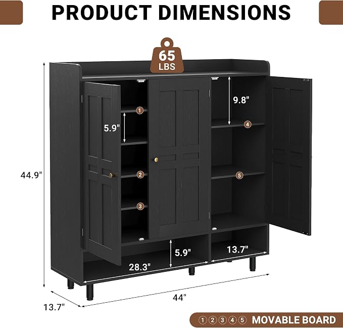 Shoe Cabinet with 3 Doors and Adjustable Shelves, Large Shoe Storage Cabinet for 24–30 Pairs, Modern Farmhouse Shoe Organizer with Open Bottom Shelf for Entryway, Living Room, Black
