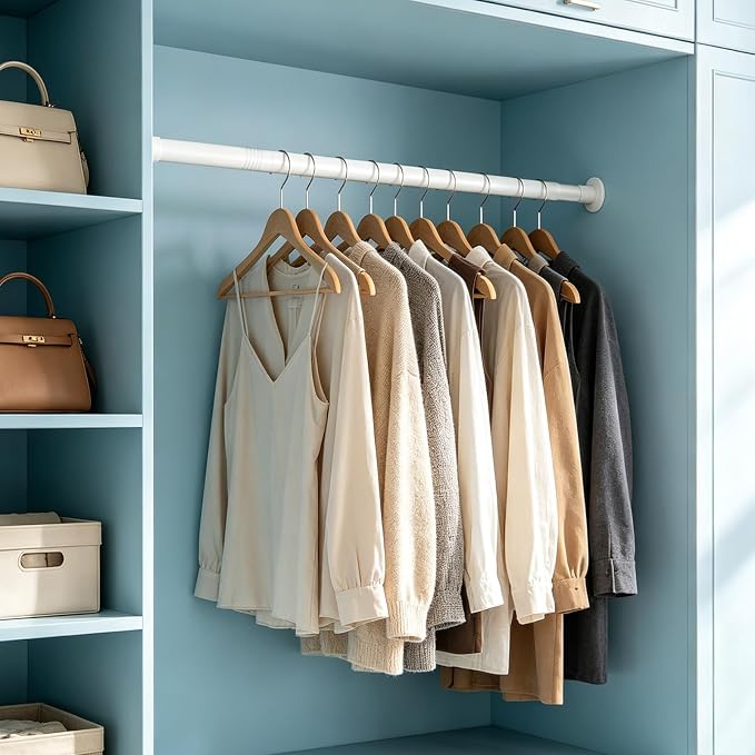 No Drilling Closet Rod, Adjustable White Closet Rod, 28-98 Inches Heavy-Duty Closet Tension Rods for Hanging Clothes for Wardrobes, Closet, Laundry & Bathroom (White)