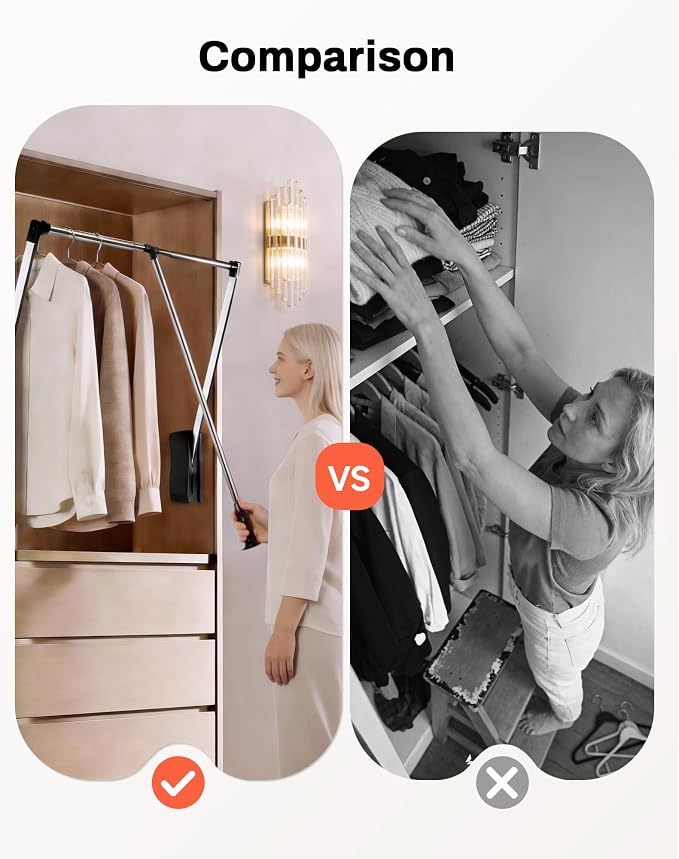Pull Down Closet Rod, 33–45 in Adjustable, 44 lbs Capacity | Polished Metal Surface, Two-Way Buffering System, Smooth Pull-Down Access, Side-Mounted Design, Space-Saving Closet Organizer