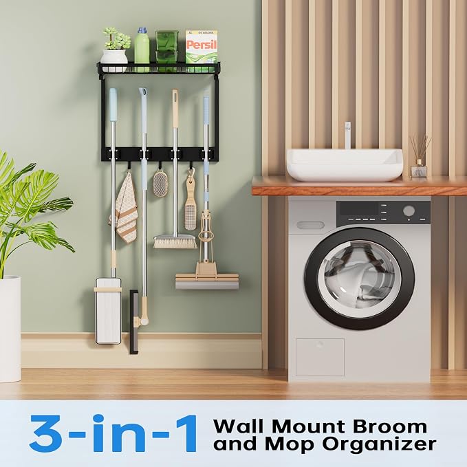 Broom Holder Wall Mount with Cleaning Supplies Organizer, Laundry Room Organization and Storage Shelves with Mop Hanger Rack Gripper Hooks, Home Improvement Kitchen Shelf Garage Organizer