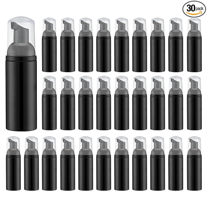 Travel Foam Pump Bottle - 2oz Small Size Foaming Hand Soap Dispenser - Mini Portable Mousse Lash Shampoo Kit Container for Hair - Empty Leak Proof Plastic Black Foamer 30Pack