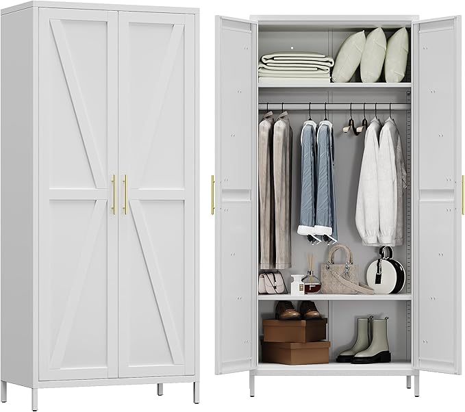 METAN Metal Wardrobe Closet with Doors, Farmhouse Armoire Wardrobe Closet for Bedroom,Assembly Required,White