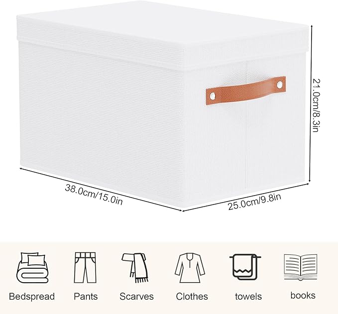 Fabric Storage Box with Lid, Foldable Storage Bin for Shelves, Decorative Closet Organizer with Handles, White, 15 x 9.8 x 8.3 Inch,1-Pack