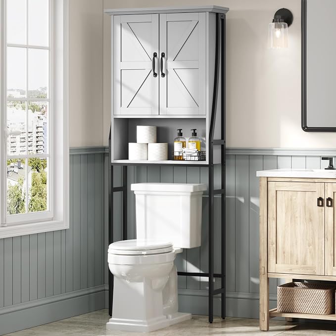 Over The Toilet Storage Cabinet, Over Toilet Bathroom Organizer with Barn Doors Above Toilet Storage Cabinet Spacesaver Rack Behind Toilet Bathroom Organizer (Gray)