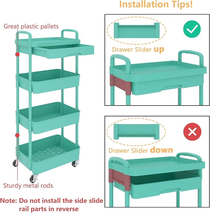 Calmootey 4-Tier Rolling Utility Cart with Drawer,Multifunctional Storage Organizer with Plastic Shelf & Metal Wheel,Storage Cart for Kitchen,Bathroom,Living Room,Office,Green | Space-Saving Organizer, Sturdy Plastic Shelves, Smooth-Rolling Metal Wheel...