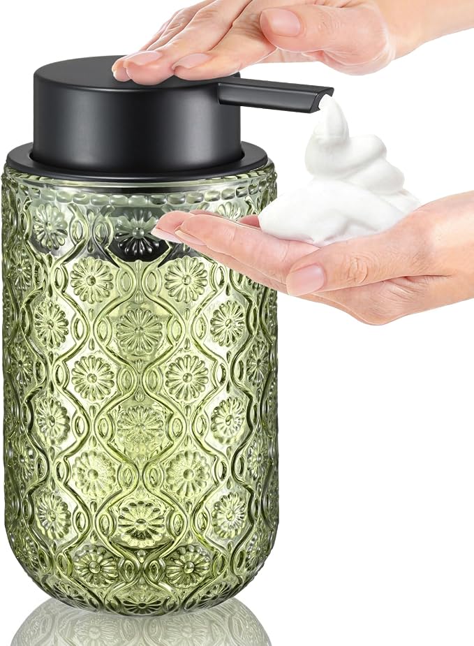 Green Glass Foaming Hand Soap Dispenser with Matte Black Pump Thick Embossed Bottle Refillable for Bathroom and Kitchen Decor 13.5 oz