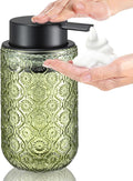 Green Glass Foaming Hand Soap Dispenser with Matte Black Pump Thick Embossed Bottle Refillable for Bathroom and Kitchen Decor 13.5 oz