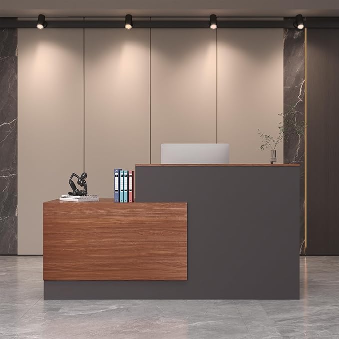 L-Shaped Reception Desk,Large Front Desk with Keyboard Tray, Lockable Drawers & File Cabinet, Receptionist Desk for Checkout,Lobby (Right L-Walnut/Slate Gray, 71''L x 23.6''W x 41.3''H)