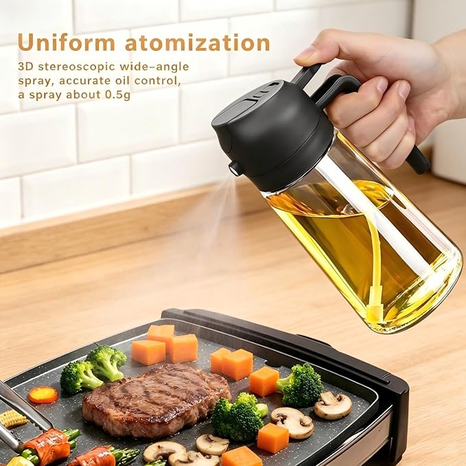 2 in 1 Olive Oil Spray Bottle, 470ml/16oz Glass Oil Sprayer for Home and Kitchen, Olive Oil Dispenser Bottle for Air Fryer, Salad, BBQ (Black)
