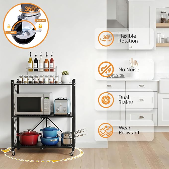 COKIHOM 3-Tier Folding Shelf, No Assembly Metal Shelving Unit with Wheels, Heavy Duty Folding Bookshelf, Space Saving Foldable Storage Shelf for Kitchen, Books, Pantry, Bathroom Organization