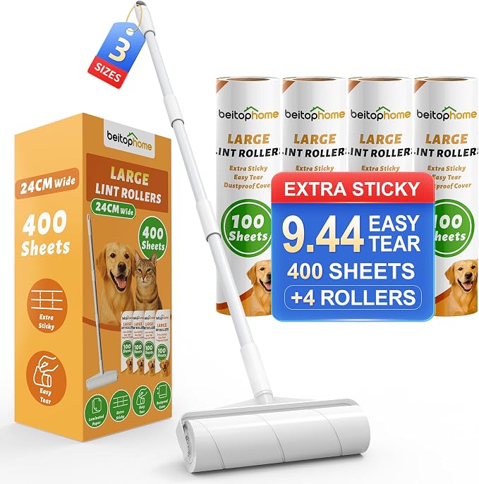 Extra Large Lint Roller for Pet Hair, 9.44-Inch Wide, 400 Sheets | Extendable Handle, 3 Refills & Dust Cover for Floors, Carpet & Couch