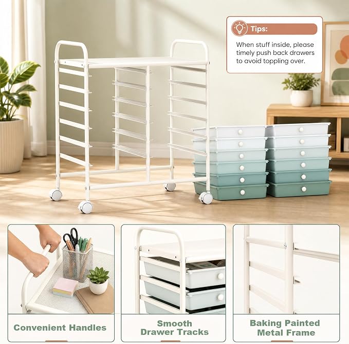 GOFLAME 12-Drawer Rolling Storage Cart, Art Craft Organizer Cart, Mobile Utility Storage Cart with Removable Drawers & Lockable Wheels, Craft Cart for Home Office School, Green Gradient
